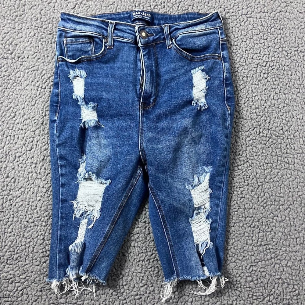 Wax Jean High Waisted Distressed Denim Bermuda Shorts Medium Wash Blue 11 30